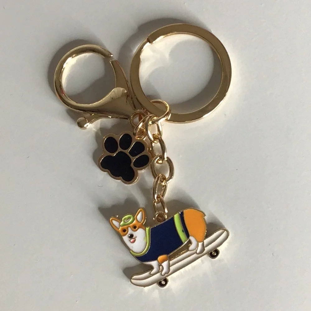 New skateboarding Corgie keychain dog lover gift idea paw charm orange white gd